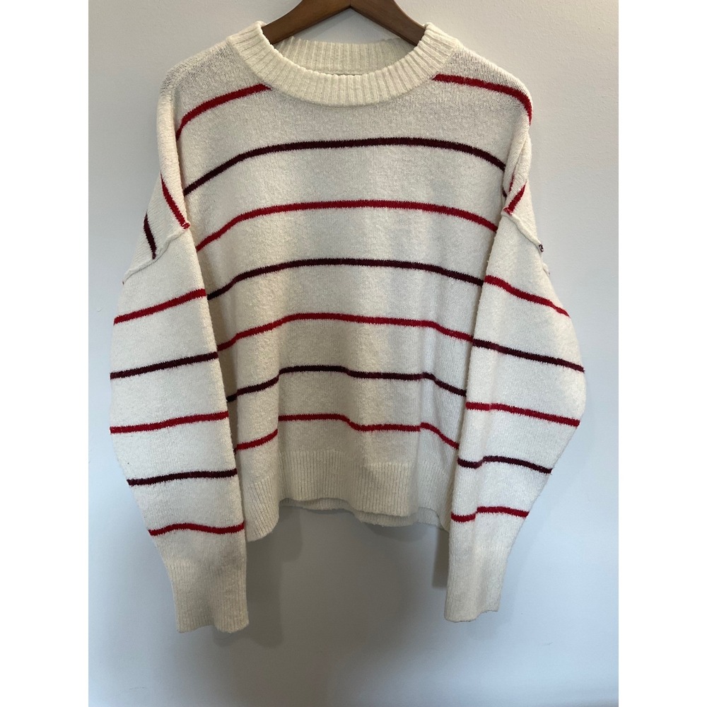 American Eagle Women's Striped Knit Crewneck Sweater Small Cream Red Burgundy